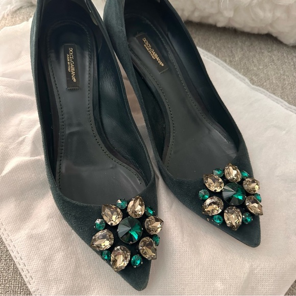 Dolce & Gabbana Dark Green Jewel Crystal Embellished kitten Heels